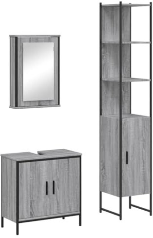 vidaXL 3-Piece Bathroom Furnishing Set with Mirror/Sink Cabinet, Engineered Wood in Grey Sonoma Finish - Contemporary Bathtub Vanity & Storage