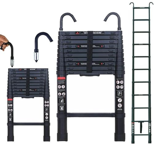 Escalera telescópica de aluminio de 10.5 pies con 2 ganchos desmontables, escalera de extensión de 3.2 m, escalera negra multiusos, totalmente extendida de 126 pulgadas, capacidad de 330 libras