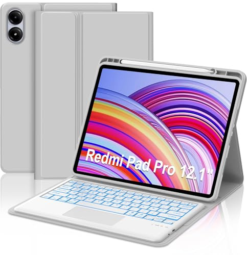 Coque Clavier pour Xiaomi Redmi Pad Pro/Xiaomi Poco Pad 12.1 Pouces 2024 avec Pavé Tactile Multi-touch Amovible Bluetooth Rétroéclairage sans Fil Clavier et Housse Étui Premium en Cuir PU Gris
