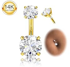 Morfetto Bauchnabelpiercing Gold Chirurgenstahl Für Damen - Echt Titan Bauchnabelpiercing Silber 925 Runder Zirkonia Bauchnabel Ring 14G Hypoallergener Nabelpiercing Lang 6/8/10/12MM Stablänge
