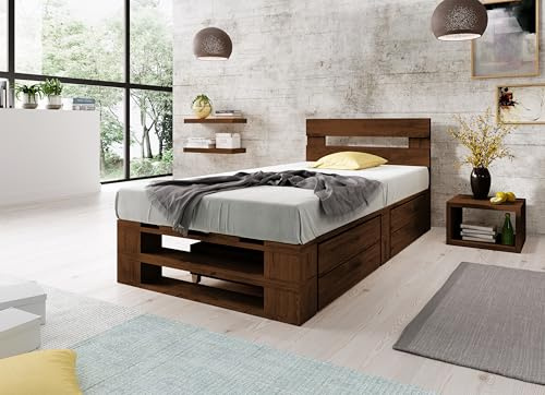 Lermowood Palettenbett M2 aus Holz 80 x 200 cm Palisander mit Kopfteil und 2 Bettkästen Holzbett 30cm Stabiles Seniorenbett Kinderbett Jugendbett Gästebett erhöhtes Bettgestell Futonbett Komforthöhe