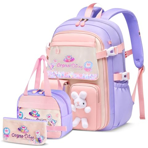 Tanou Skolväska flicka ryggsäck barn, 3-delad skolväskor med lunchpaket, pennfodral, Kawaii kylskåpsstil skolryggsäck för flickor 1:a till 5. Klass, lila, 32x15x44 cm, Barnvänlig