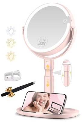 MOMOKUBA Kosmetikspiegel mit Beleuchtung, Schminkspiegel mit Beleuchtung Höhenverstellbarer, Vergrößerungsspiegel mit Licht 30fach, Doppelseitig 360° Drehbar, 3 Farbiger Rund Spiegel mit Licht Rosa