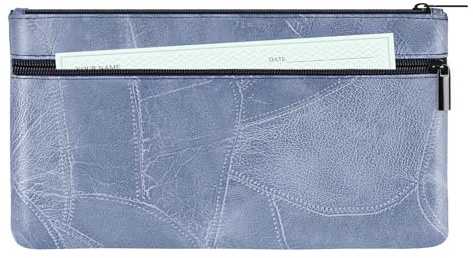 HAUTOCO Pengaväska med dragkedja PU-läder texturerad sedelpåse 280 mm x 155 mm kontantväskor för bank dubbla fickor kontanter kuvert plånbok för pass mynt räkningar kosmetika, Blekblå, 1 PCS, Myntpåse