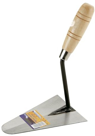 Paleta soldada 155x115 mm con mango de madera, ideal para trabajos de albañilería y mezcla de materiales.