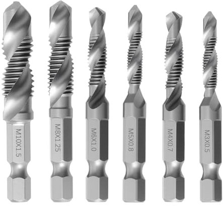 6Pcs HSS Thread Tap Drill Bit Set, 1/4” Drills and Taps Set Spiral Point Coarse Screw Taps Combination Metric Hex Shank left Handed Drill Bits Hand Tap Tools in M3 M4 M5 M6 M8 M10