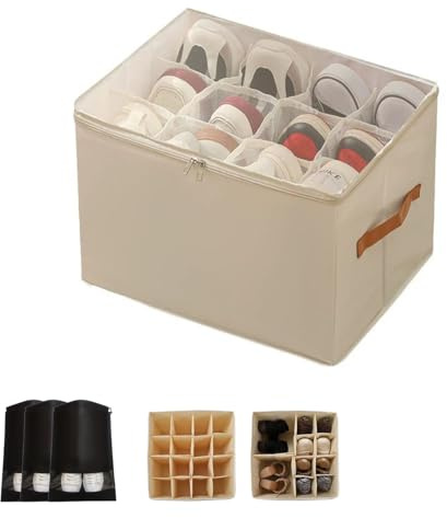 Emboadlie Boîte de rangement en tissu pour chaussures, peut contenir jusqu'à 16 paires, avec séparateurs réglables et couvercle transparent (basique-beige)
