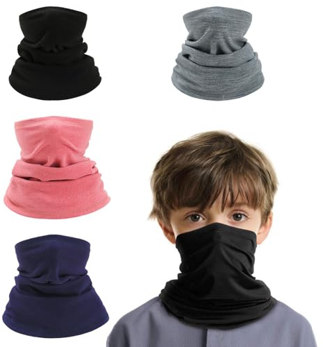 Mayoii Lot de 4 cache-cou d'hiver pour enfants - Coupe-vent - Multifonction - Masque de ski - Écharpe pour garçons et filles, Noir/gris/rouge/bleu marine, taille unique