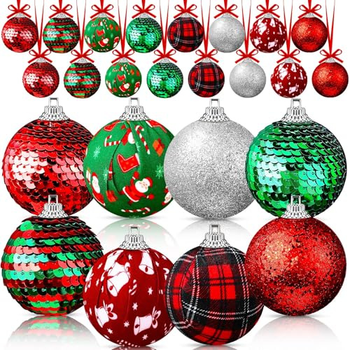 MiniInflat 24 Pcs 2 Inch Christmas Ball Ornaments Glittering Plastic Sequin Hanging Decorations Green Red Buffalo Plaid Shatterproof Xmas Cloth Balls Christmas Tree Pendants Decorations (Green Red)