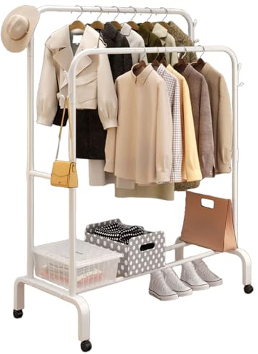 Clothes Rail, Double Rods Clothes Rail with Anti-Slip Stoppers, Rustproof Clothes Rack with Shoes Shelf & Hooks, Heavy-Duty Clothing Rail for Laundry Entryway Bedroom Shop 110 x 52 x 155 cm (White)