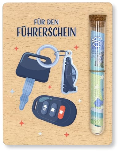 ZUKLA Verpackung für Geldgeschenke Führerschein Gutschein - 13 x 10 cm - mit Reagenzglas - Führerschein Geschenk - Geldgeschenk Verpackung Holz