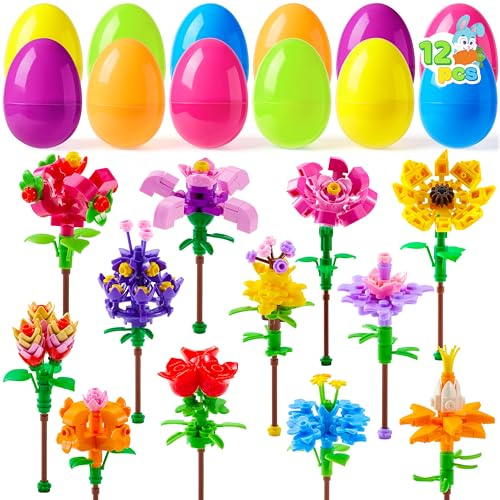 JOYIN 12 Pcs Prefilled Easter Eggs with Flower Bouquet Building Blocks, Plastic Easter Eggs Filled with Building Block Flowers, Easter Basket Stuffers for Boys Girls Toddlers, Classroom Prizes