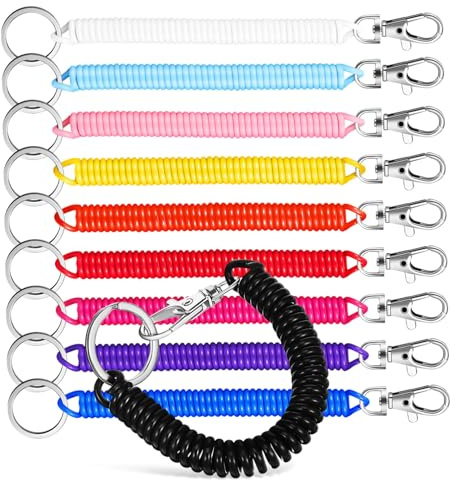 DECOMELODY Lot de 10 Porte-clés à Ressort Rétractables en Plastique, Porte-clés à Spirale Élastique Anneau Métal, Accessoires Polyvalents pour Poignet, Usage Extérieur Et Quotidien