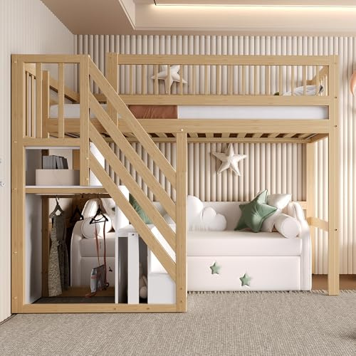 Ligterra Kinderbett 90x200cm, Jugendbett, Etagenbett, Hochbett, Treppe mit Aufbewahrungsschrank, Massivholzrahmen, Hohe Ausführung, Darunter EIN Sofa oder Bett, 205×142×173cm (Holzfarbe)