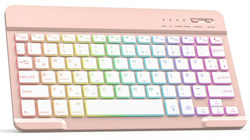 Bluetooth Tastatur, Bluetooth Keyboard, German Layout QWERTZ Lightweight | Portable Wireless Keyboard mit Hintergrundbeleuchtung für iPhone, iPad, Samsung, Kompatibel Windows, Android, IOS