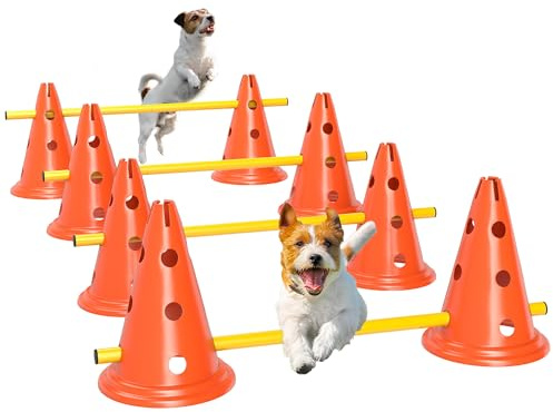 PawHut Juego de Agilidad para Perros, Vallas de Obstáculos de Entrenamiento de Coordinación, 8 Conos 30 cm de Altura, 4 Barras 80 cm de Longitud y Bolsa de Transporte, para Deporte de Fútbol y Perros