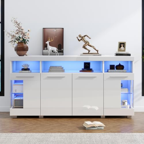 Merax Sideboard mit LED Licht – Modernes 140x40x70 cm Beistelltisch, Hochglanz Wohnzimmer Schrank aus gehärtetem Glas, 3 Schubladen und 6 Ablageflächen für Wohnzimmer, Küche und Flur