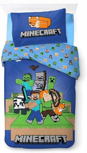 Minecraft Biancheria da letto per bambini | Copripiumino 140x200 cm & federa 50x70 cm | 100% cotone, morbido e traspirante | Design Minecraft “Ready to Survive”