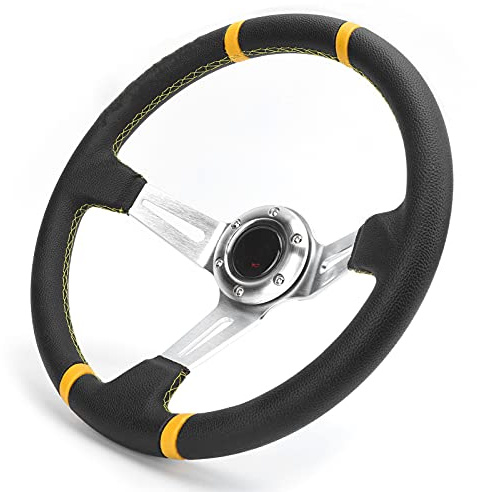 Nosqew Sport Racing Steering Wheel Hand Sewing 14in 35cm Deep Dish Steering Wheel for Automobile Modification Upgrade PU Aluminum Frame Universal Fit