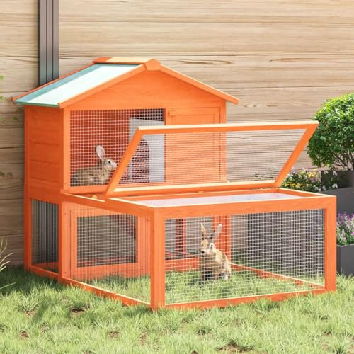 kithwjll Establo para animales pequeños de madera de abeto lacada con 2 niveles, 144 x 100 x 100 cm, conejera con rejilla de alambre, techo impermeable, rampa, suelo extensible, adecuado como conejera
