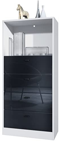 Vladon Kommode Pino V3, Made in Germany, Anrichte mit 4 Schubladen & 1 offenem Fach, Weiß matt/Schwarz Hochglanz ohne LED (56 x 125 x 36 cm)