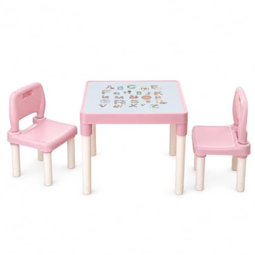 RMW Children's Table and Chair Set ABC Alphabet Plastic Toddlers Childs School Kids (Pink)