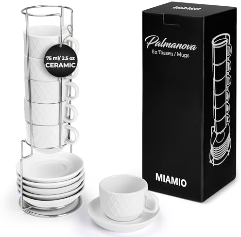 MIAMIO - 6 tazze da 75 ml/Set di tazze da caffè espresso in ceramica con motivo a diamante - Collezione Palmanova (Bianco)