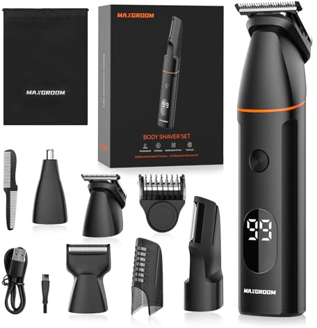 Body Hair Trimmer Men, MAXGROOM 4 in 1 Electric Body Groomer Beard Trimmer Men with Nose Hair Trimmer, Rechargeable Manscape Electric Razor, Private Parts, Beard, Back, Pubic (Black)