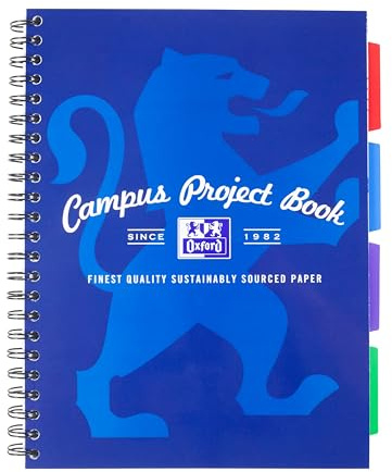 Oxford Campus A4 Project Notebook with Dividers, Wirebound, 8 mm Lined with Margin, 200 pages, Pack of 1, Optik Paper+, color may vary
