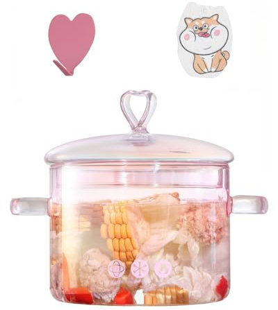 2L Pink Glass Simmer Pot, 2000ml/2.2Qt/68oz, Glass Pots for Cooking on Stove,Heart-shaped Lid,Heat Resistant,Oven Gas Electric Stove Dishwasher Safe for Potpourri Pasta Soups