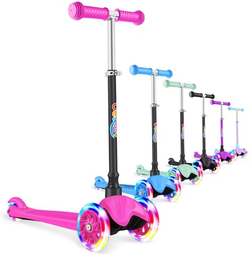 BELEEV A2 Scooter Roller Kinder 2-6 Jahre, 3 Räder Kinderroller mit LED Leuchtende Räder, 4 Höhenverstellbare, Rutschfestes Deck, Lean to Steer, Roller Kinder 2 Jahre Mädchen Jungen Geschenk, Hot Pink