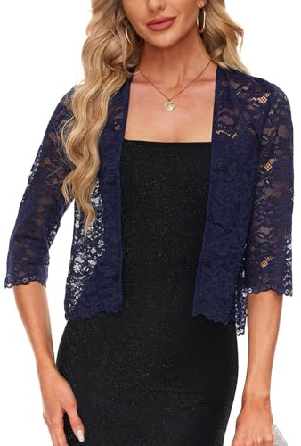 Kyzoeyou Cardigan da donna casual in pizzo Bplero coprispalle manica a 3/4 coprispalle capispalla vestito coprire top, Bu-navy, L