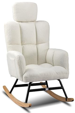 COMHOMA Mecedora, sillón de relax con reposabrazos, reposacabezas, sillón con orejas de peluche, sillón mecedora, soporta hasta 150 kg, tumbona de jardín para dormitorio, salón, color beige