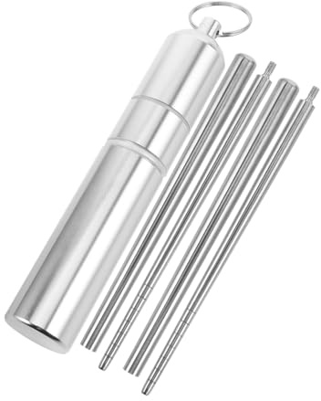 Set in Acciaio Inox 304 2 Paia di Bacchette Pieghevoli | Custodia Inclusa, Argento, Compatte e Leggere, per Viaggio e Attività All'aperto