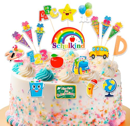 HOWAF Tortendeko Einschulung, 20 STK Cake Topper Einschulung, Kuchendeko Schulanfang Deko, Zuckertüte ABC 123 Schulkind Tortendeko für Schulanfang Tischdeko Junge Mädchen, A