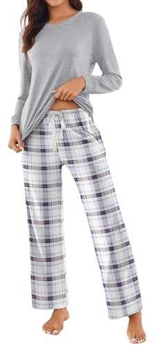 Ekouaer Pigiama Donna Invernale Caldo Lungo, Grigio Chiaro, S