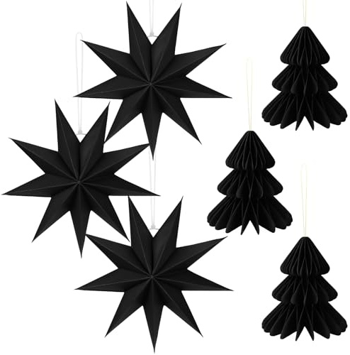 DPKOW Black Paper Stars Decorations Christmas Tree Honeycombs, 12 Inch Paper Star Lanterns Hanging Lamp Decor Christmas Tree Table Decorations Xmas, Black Wedding Birthday Home Xmas Party Decor