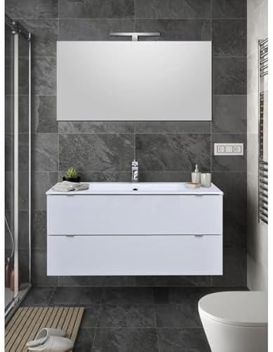 Yellowshop | Mobile Bagno Sospeso Andrè con Lavabo in MineralMarmo integrato e Specchio – Made in Italy moderno, Finitura Bianco Laccato Lucido 120 cm