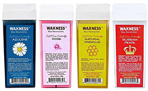 Waxness Soft Wax Cartridge Variety Pack – Azulene, Rose, Natural & Russian Pearl – Pack of 4 × 3.38 oz (96 g) – Professional Strip Wax Roll-On – Made in Italy