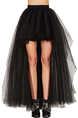 Zooma Jupe Noire pour Femme Punk asymétrique Robe Steampunk Cocktail Mousseline Dentelle Party Jupe Cosplay, 9437-noir, L