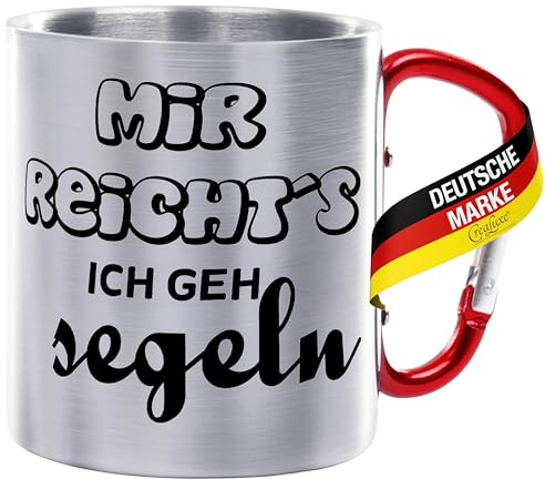 CreaLuxe Edelstahltasse mit Karabiner - Mir reichts ich GEH segeln - 330ml, Tasse bedruckt, Kaffeetasse, Bürotasse, Metalltasse mit Name