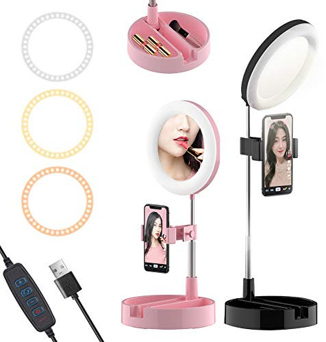Selfie Ring Light with Makeup Mirror,Phone Holder,Extendable Stand, Desktop Storage,Dimmable Desk Makeup LED Ring Light,3 Lighting Modes Camera Ring Make Up Light for Portrait Video Shooting ,Black