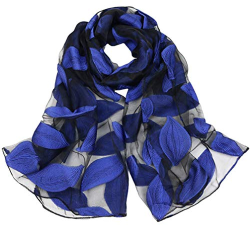 PRETYZOOM - Sciarpa lunga in organza da spiaggia, accessorio estivo, motivo foglie, per donna, blu, 9188DUH31KZ5AY214LDKQ, Blu, 180 x 70 x 0,5 cm