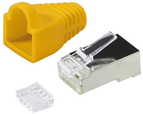 Faconet 20 unidades RJ45 conectores de red CAT 5e CAT 6 STP apantallados con ayuda de enhebrado y funda protectora contra torceduras en amarillo para cable de conexión LAN