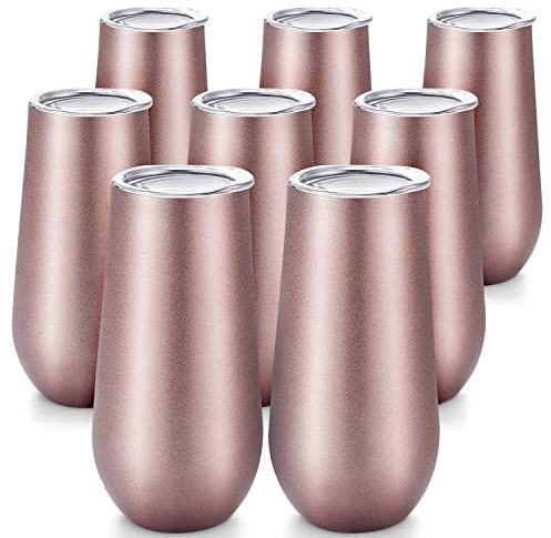 ACAMPTAR 8 Packungen Stemless Champagne Flutes Wine Tumbler, 6 OZ Doppelt-Isoliert Wine Tumbler mit Deckel Unzerbrechlich Cocktail Tassen