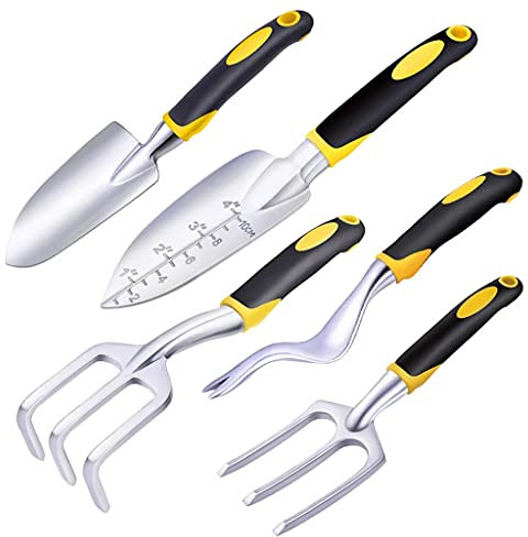 Beikal Lot de 5 outils de jardinage, truelle, cultivateur, désherbeur, fourche à désherbage avec têtes en fonte d'aluminium robuste et poignées ergonomiques