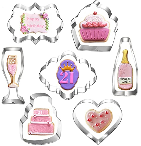 Ausstechformen-Set für Geburtstagsparty, 7-teilig, für Kuchen, Herz, Cupcake, Champagner, Weinflasche, Plakette, Keksausstecher, Form für 21., 30., 40., 50., Jahrestag, Party-Dekoration