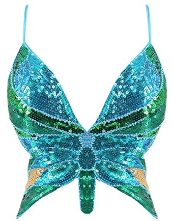 WanWorlder Damen Bauchtanz Kostüm BH Oberteil mit Pailletten Perlen Schmetterling Träger Halfter Crop Top Belly Dance Tanzkleidung (Blau C, Freesize)