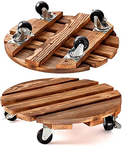PETSUPS 2 Pack Plant Caddy Wooden Plant Stand with Wheels 12 Inch-30 CM Round Plant Roller with Metal Lockable Caster Wheels Heavy Duty Rolling Plant Stand Plant Dolly