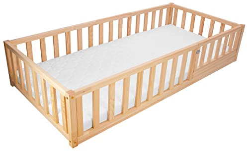 Best For Kids | Montessori Kinderbett 90x200 mit Matratze & Rausfallschutz | Naturholz Kinderbett für Mädchen & Jungen | Babybett & Kleinkinderbett | Sicheres, langlebiges Holzbett